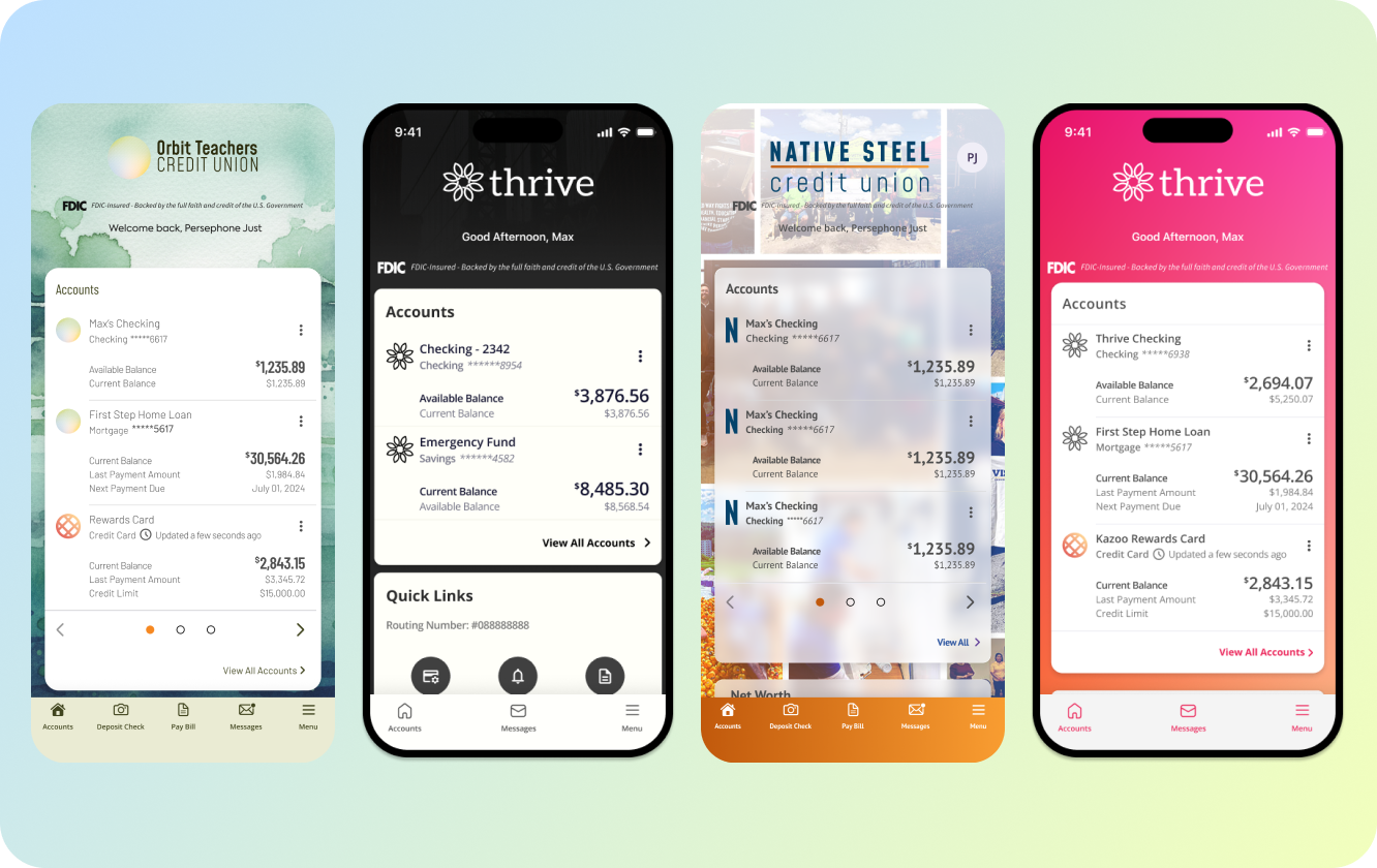 Four mobile banking home screens for different credit union brands, each themed with its own logo, colors and background through the configurable variables