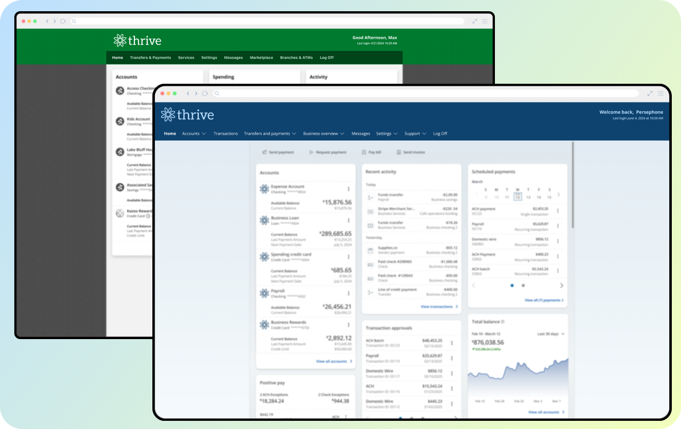 Two online banking dashboards side by side showing different navigation styles: a green header with a top navigation bar and a blue header with dropdown menus